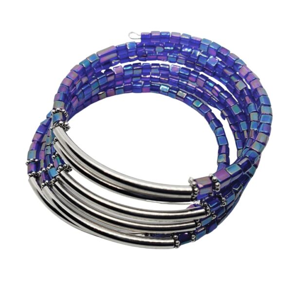 memory-wire-purple-blue-square beads-sliver-accents-bracelet
