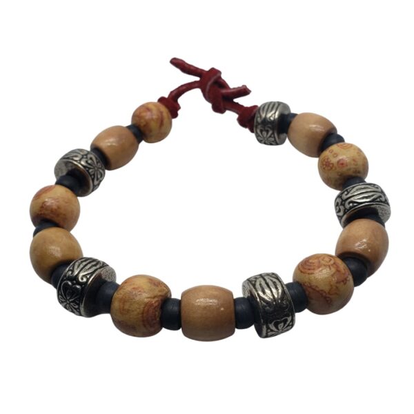 red-cord-brown-tan-silver-grey-beads-bracelet